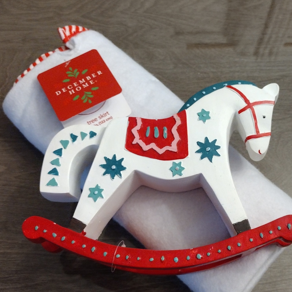 Christmas Tree Skirt White + Rocking Horse Clay Ornament 10 Inches